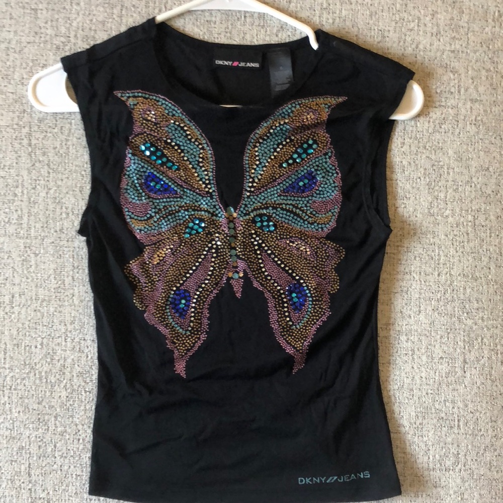 Vintage DKNY Jeans Butterfly Y2K Jewel Mesh Tank Top Shirt